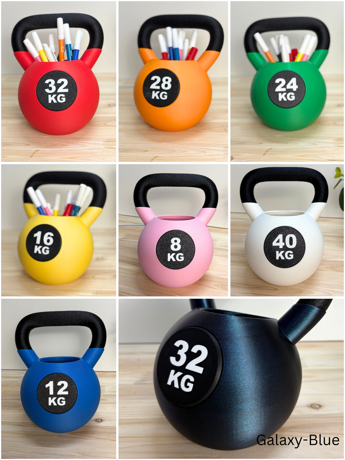 Die Kettlebell MagSafe Ladestation mit Stiftehalter gibt es in den Farben: Rot, Orange, GrĂŒn, Gelb, Rosa, WeiĂ, Blau und Galaxy-Blue