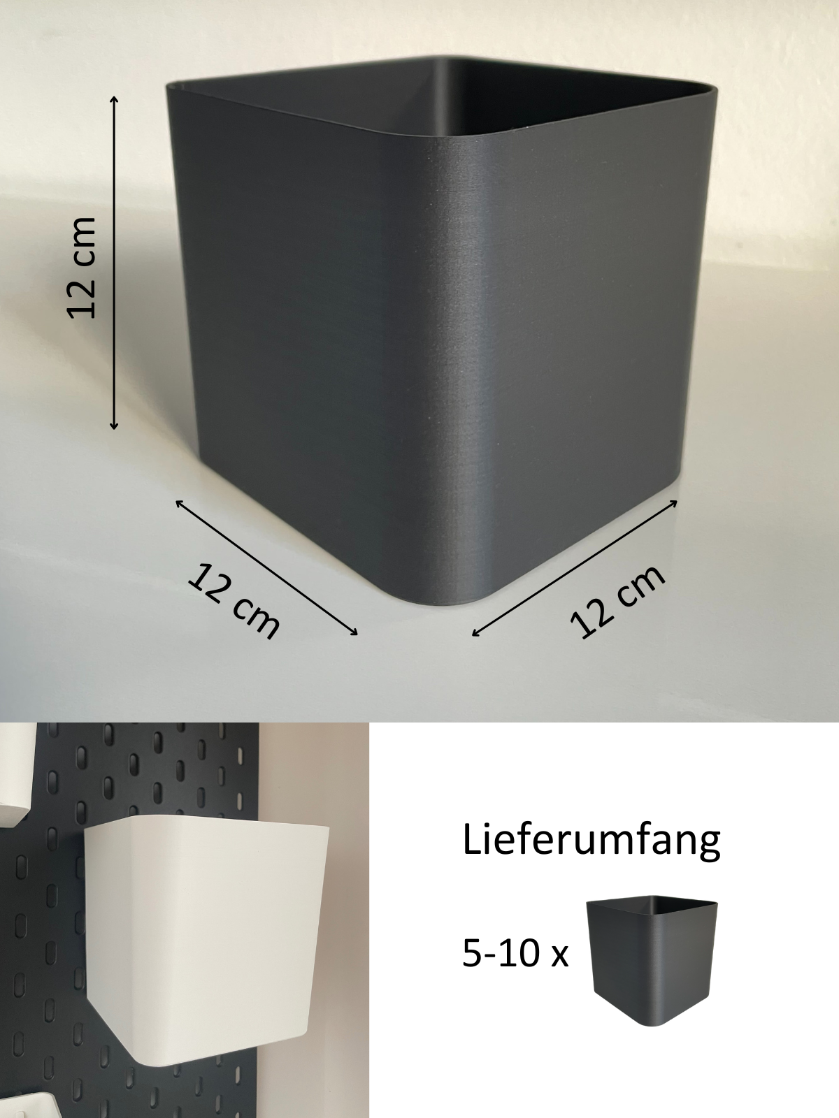 Die Abmaße Blumentopf für Pflanzenwand betragen 12x12x12 cm Innenmaß und können damit den Standard 12cm Untertopf aufnehmen.