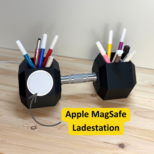 Die MagSafe Ladestation in Hanteloptik mit Stifthalter eignet sich ideal für den Einsatz auf dem Schreibtisch oder der Fitnesstudiotheke.