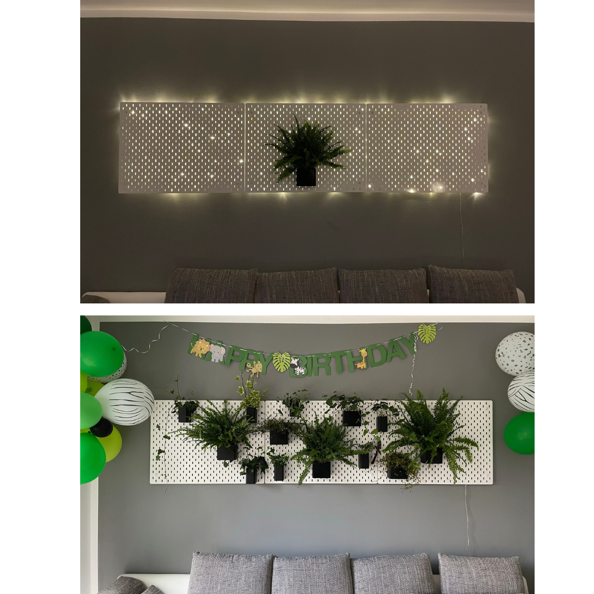 Die Pflanzenwand kann auf mehrere Lochwände erweitert werden. Ebenso kann eine Beleuchtung hinzugefügt werden, was einen wirklich schönen Effekt ergzeugt, wenn das Licht zwischen den Löchern der Lochwand und den Pflanzen hervorkommt.